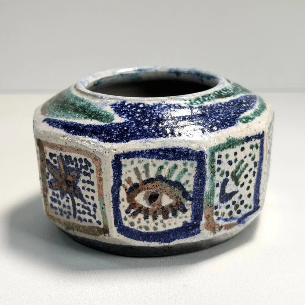 Vintage Handmade Pottery Candle Holder‎ Votive MCM Abstract Eye Celestial Troika
